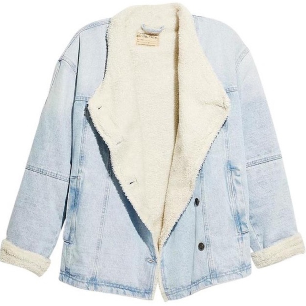 Free People Twisted Hearts Jacket Denim Sherpa Lined Double Breasted Sz Small